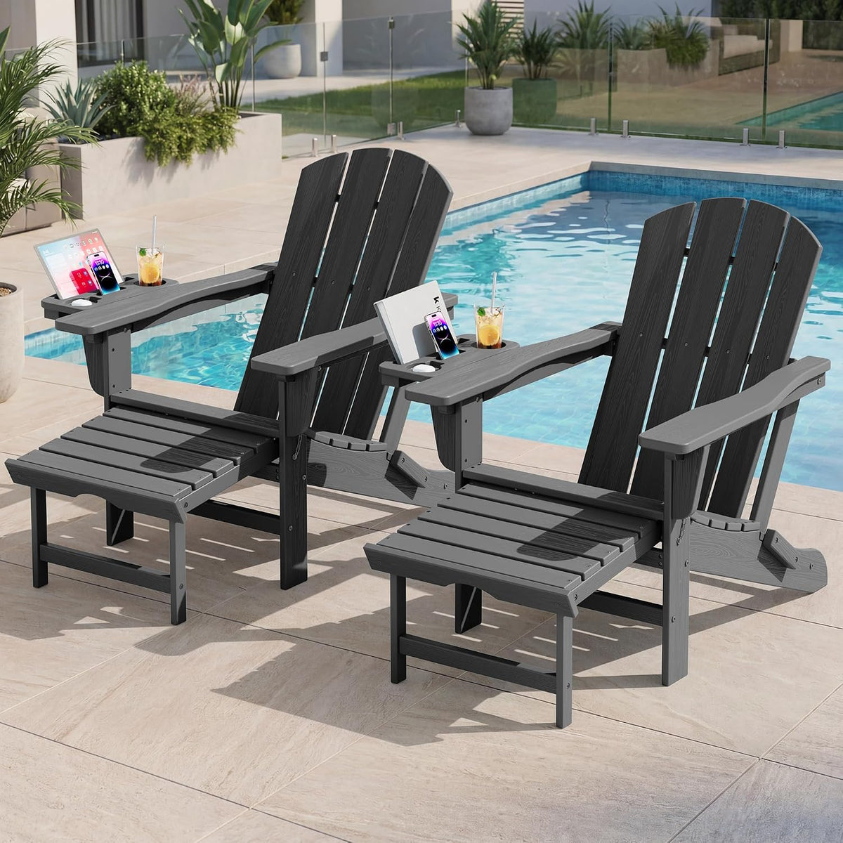 Folding Adjustable Adirondack Chair with Ottoman & 2 Cup Holders Set of 2, HDPE Adirondack Recliner Chair with