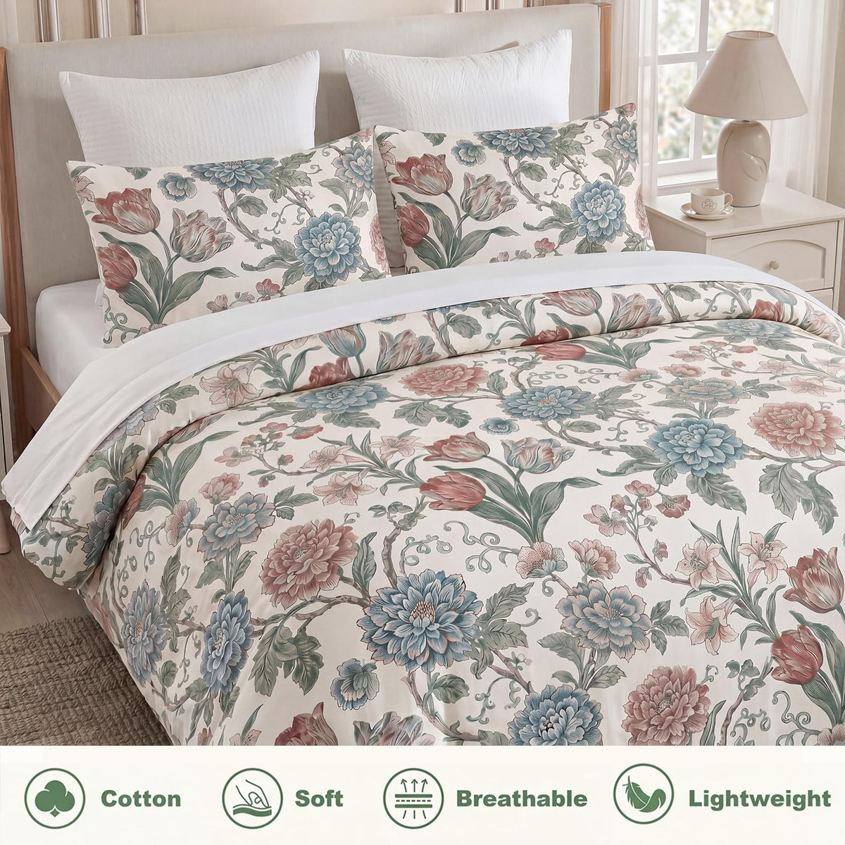 100% Cotton Duvet Cover Set, Digital Printed Vintage Floral Botanical Duvet Cover with Zipper Closure & 8