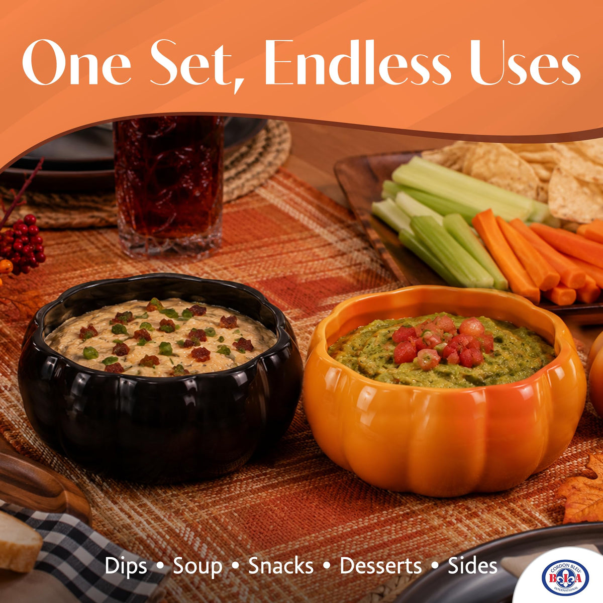 Fall Pumpkins Bowls, 4 Oz - Orange/Black, Set of 2