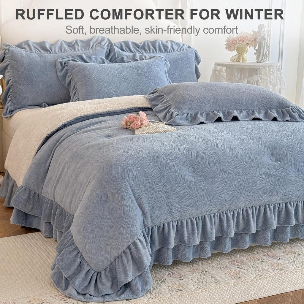 Fluffy Sherpa Comforter Set, Super Soft Fleece Blue Ruffle Bedding