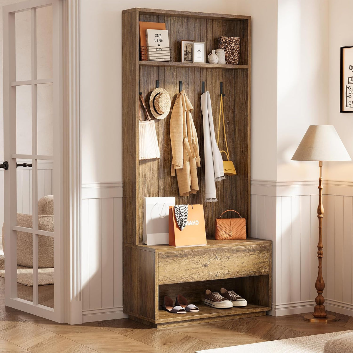 Hall Tree with Bench and Shoe Storage, Entryway Coat Rack with Shoe Bench and Drawer, 5 Hooks, Freestanding Hall Tree