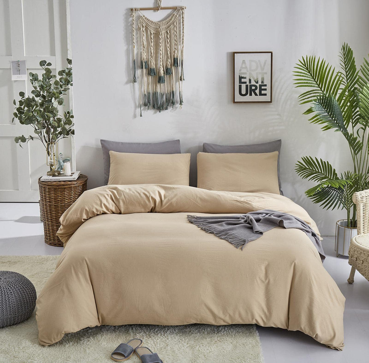 Champagne Comforter Set Bedding Set Women Solid Khaki Bed Comforter Set Plain Beige Breathable Blanket Men Light