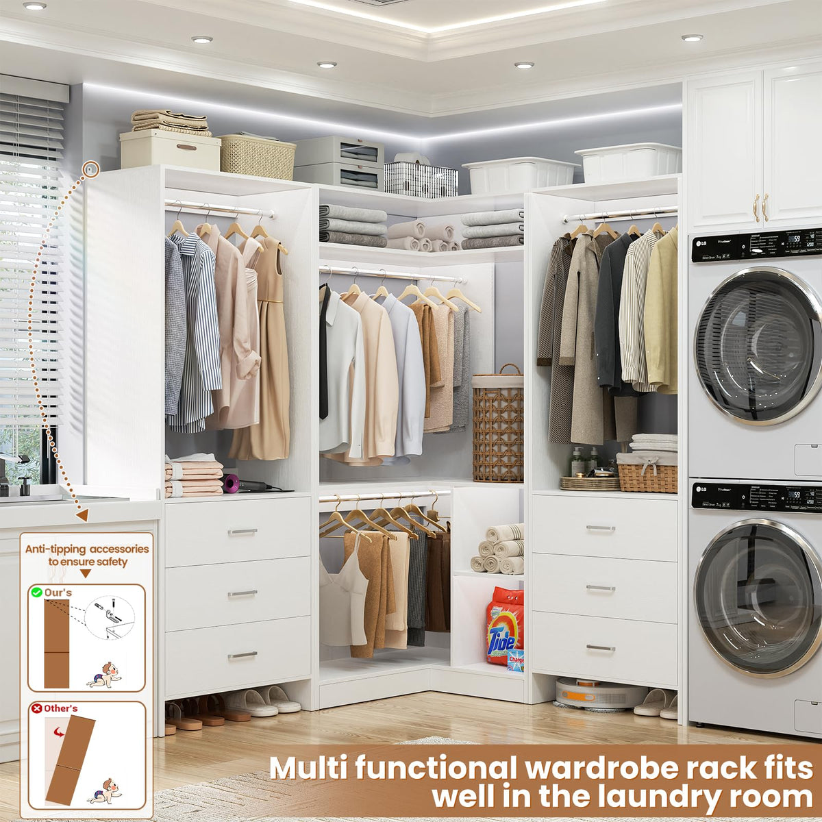 Closet System with 6 Drawers, 4 Hanging Rods & Corner Tower, Corner Closet System with Hanging, 76.5" L-Shaped