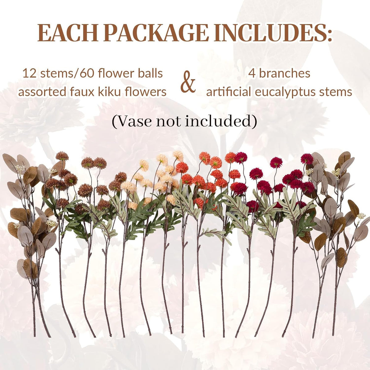Silk Mums Artificial Fall Flowers with Eucalyptus for Vase - Set of 16