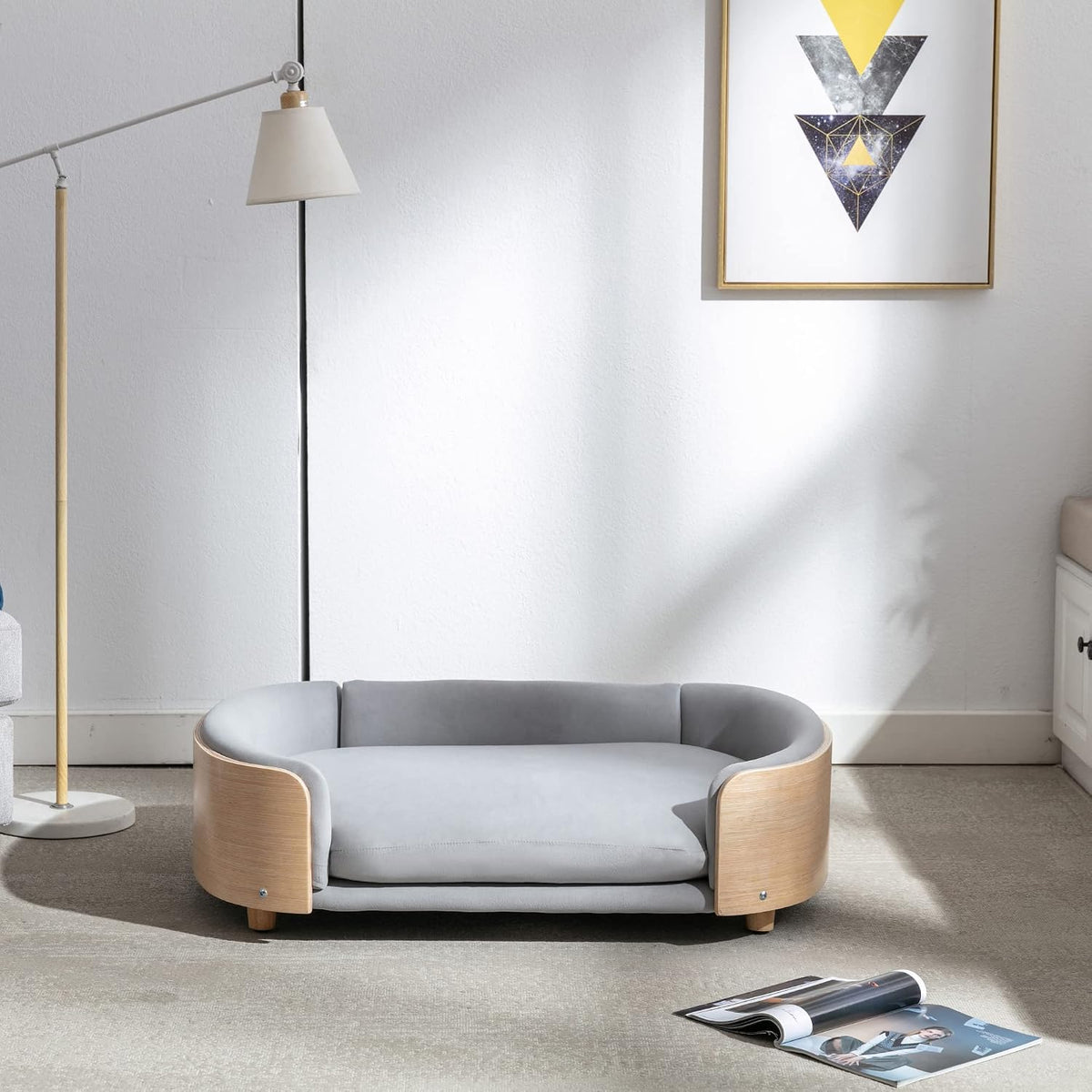 Elevated Dog Bed Pet Sofa with Solid Wood Legs and Bent Soft Backrest, Pet Cat Stool Bed with Velvet Cushion