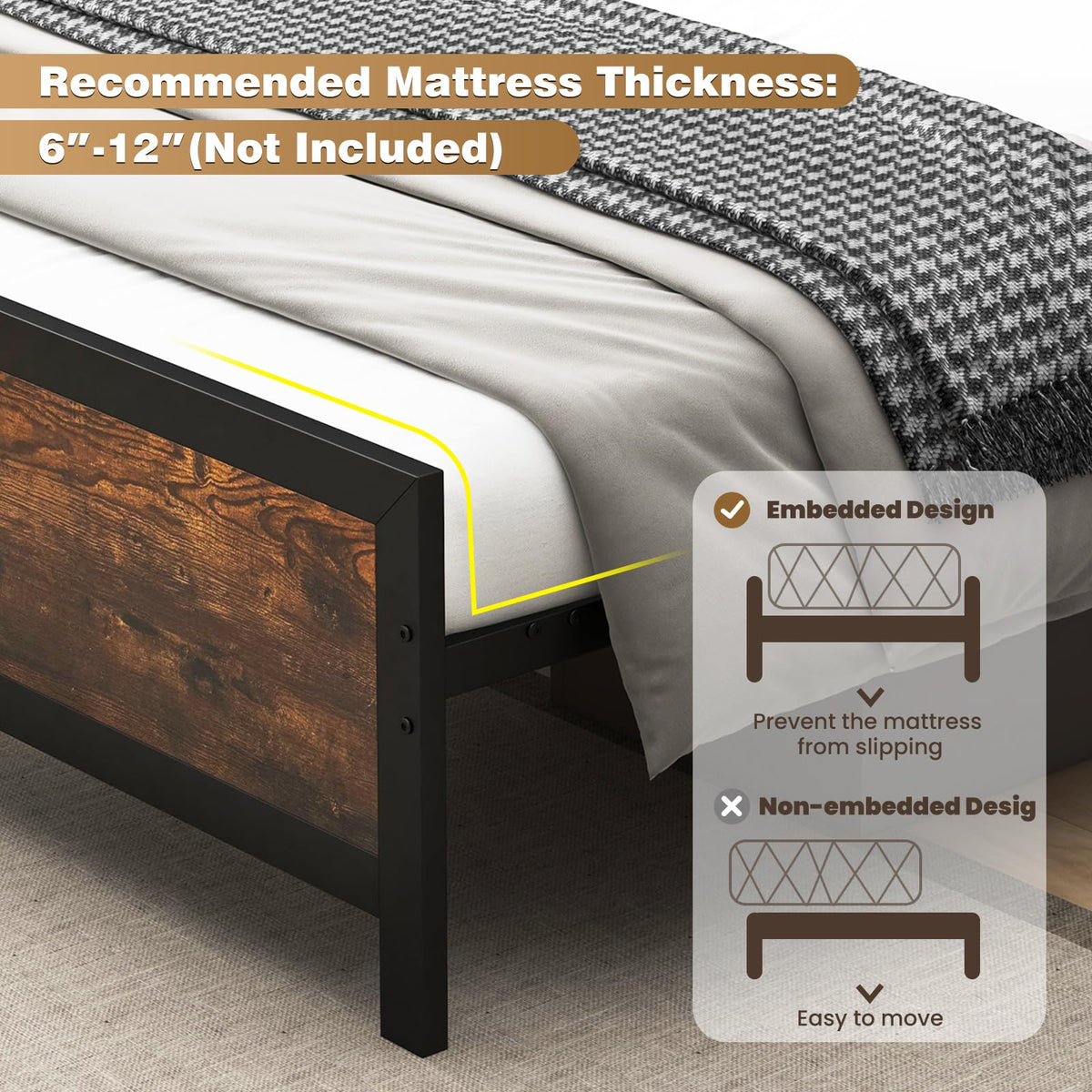 Metal Queen Size Platform Bed Frame with Wood Headboard and Footboard, Industrial Heavy Duty Queen Bed Frame w/Strong
