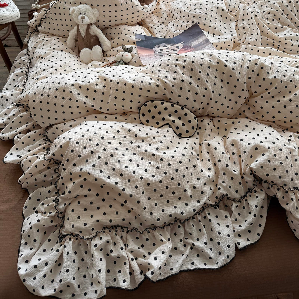 Chic Black Polka Dot Ruffled Beige Duvet Cover