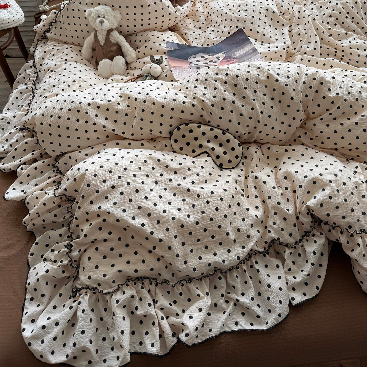 Chic Black Polka Dot Ruffled Beige Duvet Cover