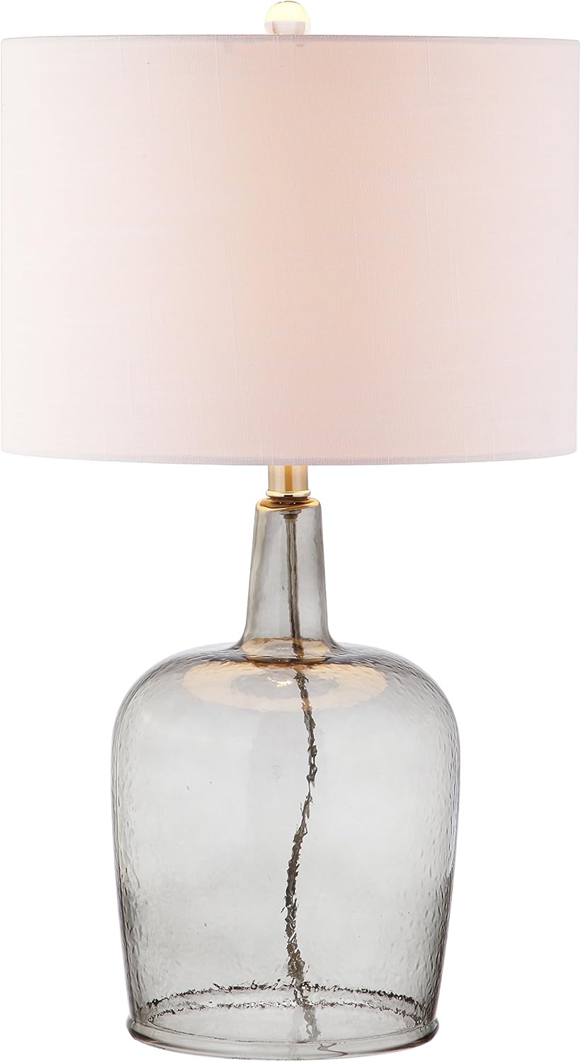 26" Smoked Gray Glass LED Table Lamp, Modern Contemporary Bedside Nightstand Lamp Bedroom, White Linen Drum Shade