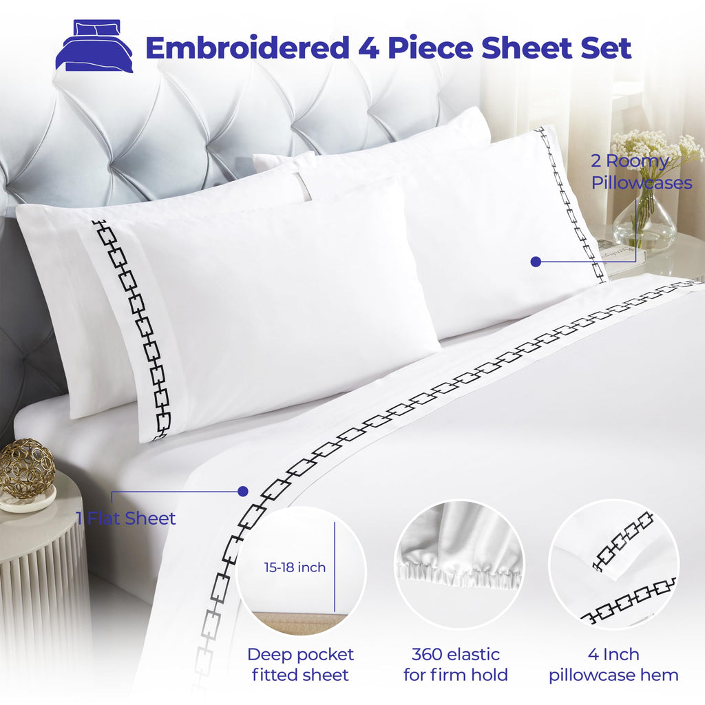 Embroidered Cotton Bed Sheet Set, 1 Elastic Deep Pocket Fitted Sheet, 1 Flat Sheet, 1 Pillowcase, Daily Soft Sheets