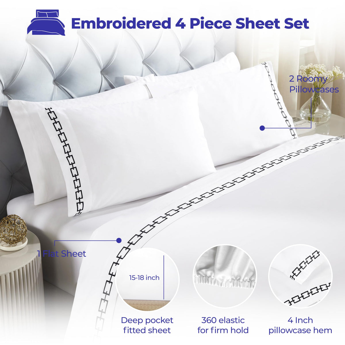 Embroidered Cotton Bed Sheet Set, 1 Elastic Deep Pocket Fitted Sheet, 1 Flat Sheet, 1 Pillowcase, Daily Soft Sheets