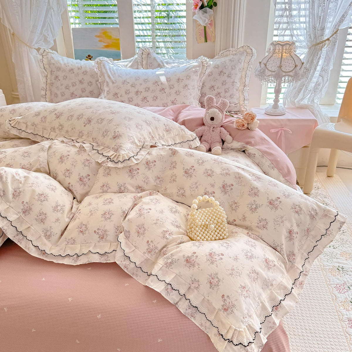 Vintage Floral Duvet Cover Set, Aesthetic Pink Flower Bedding Set with Romantic Ruffle, 100% Cotton Botanical