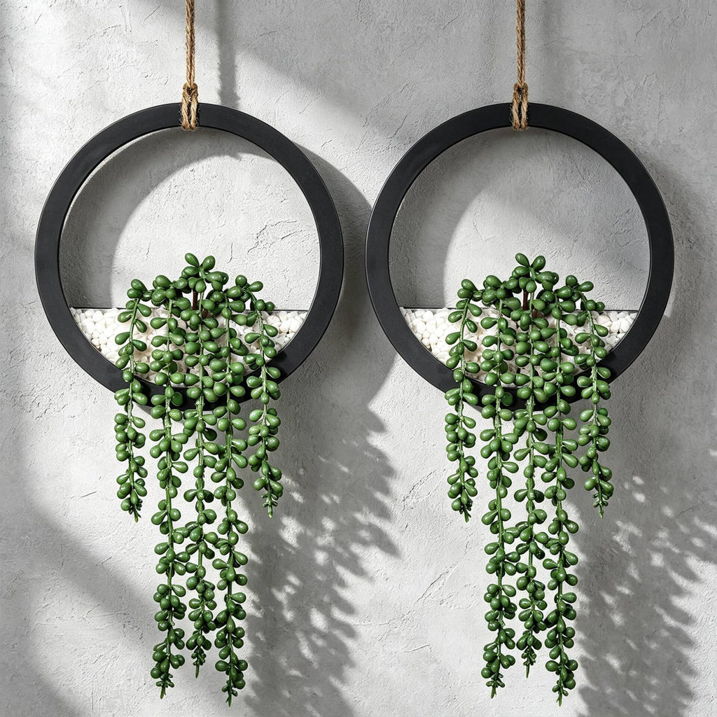 Boho Wall Decor, 2Pcs Fake Hanging Plants Artificial Succulents, Indoor Hanging Planter Greenery Decor, Perfect