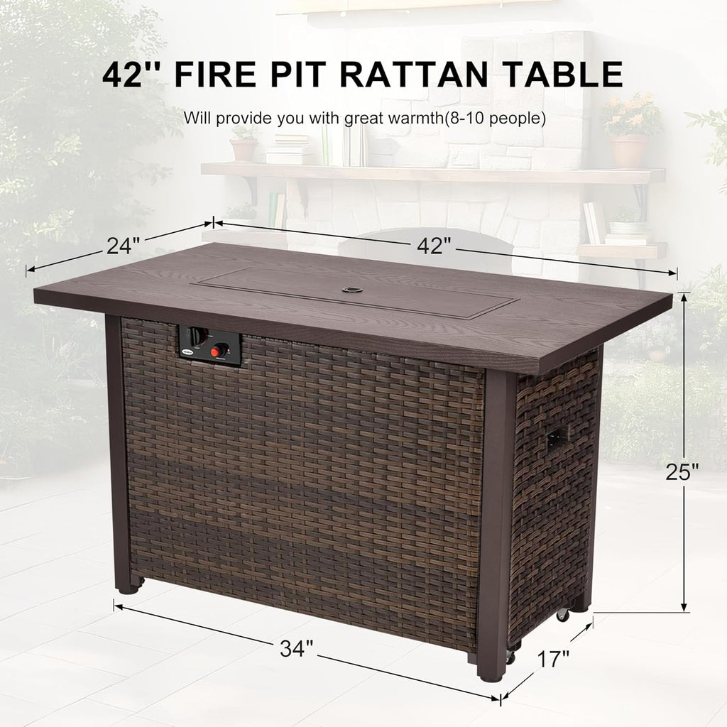 42 Inch Propane Fire Pit Table, 50,000 BTU Outdoor Gas Fire Pits with Removable Lid, 2 in 1 Rectangular Firepit Table for Outside Patio Deck and Garden (Brown)