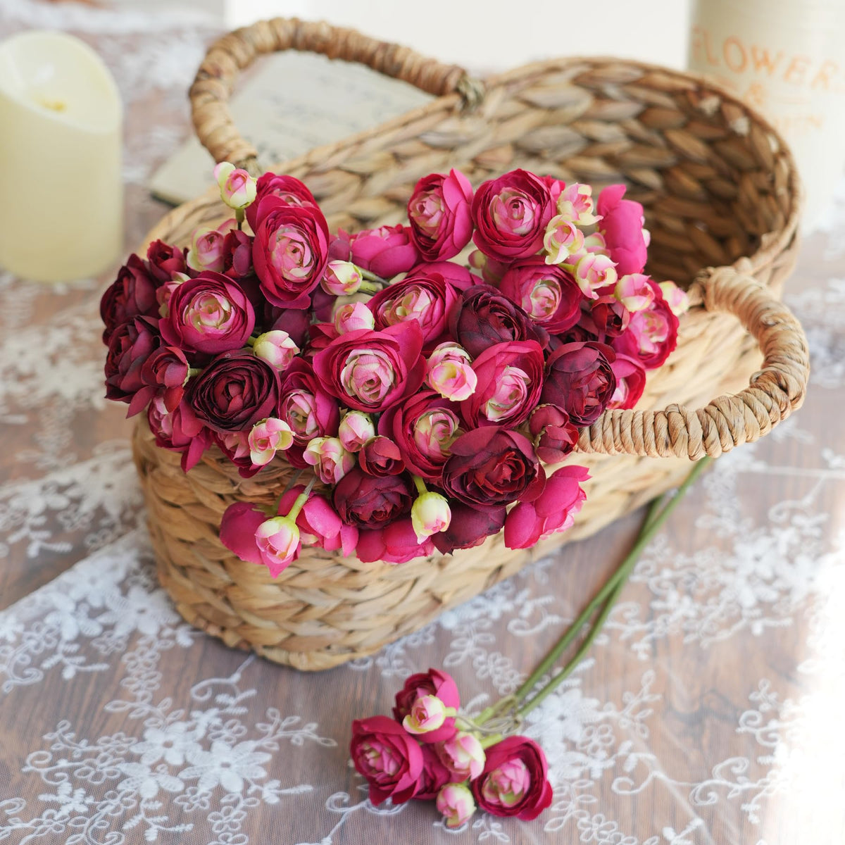 Artificial Ranunculus Flowers 18 Pcs Burgundy Faux Flowers