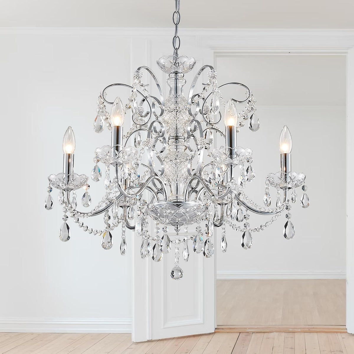 Six-Light Crystal Raindrop Chandelier with Cascading Clear Pendants