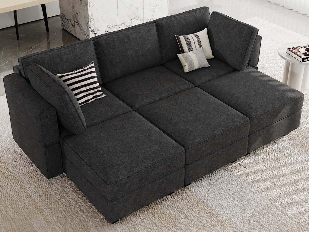 Terry Fabric Modular Sectional Sleeper Sofa Bed with Storage Convertible Sectional Couches 6 Seaters Black Modular