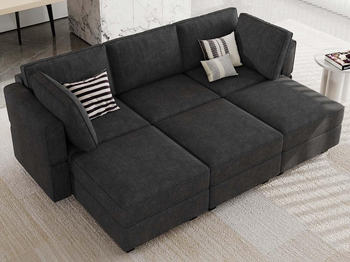 Terry Fabric Modular Sectional Sleeper Sofa Bed with Storage Convertible Sectional Couches 6 Seaters Black Modular