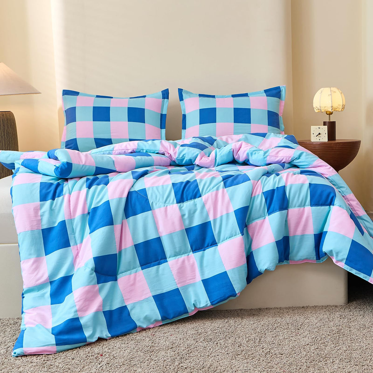 Checkered Comforter Set, Blue and Pink Plaid Comforter Bedding Set, Grid Gingham Fluffy Comforter Home Decor