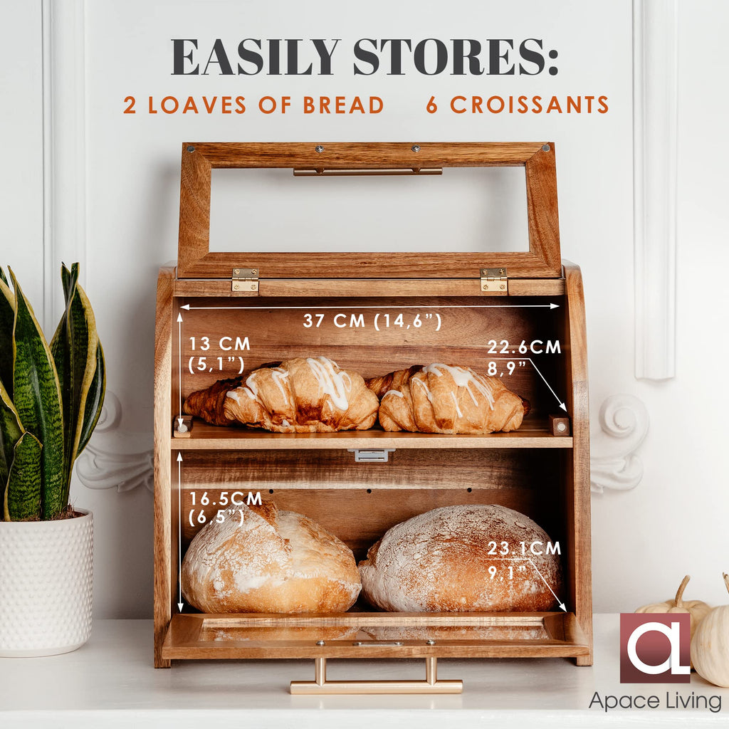 Bread Box - Arise Acacia Wooden Countertop, Extra Large 2-Shelf