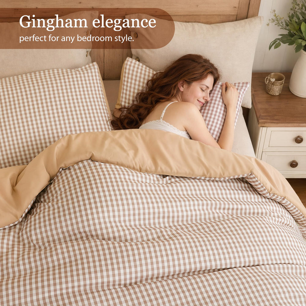 Gingham Comforter Set, 3 Pieces Tan Plaid Comforter Set
