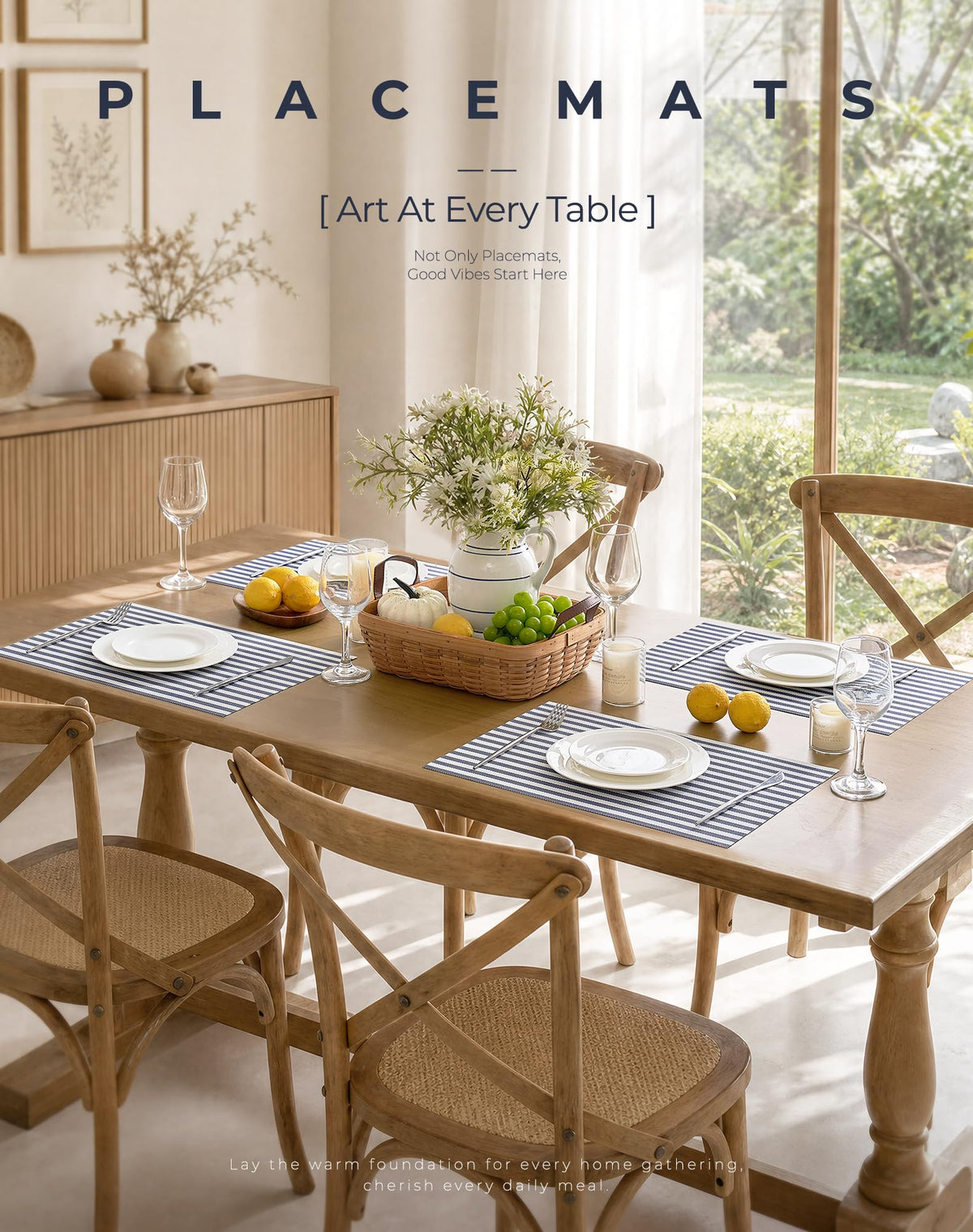 Blue White Striped Woven Vinyl Placemats Set of 12