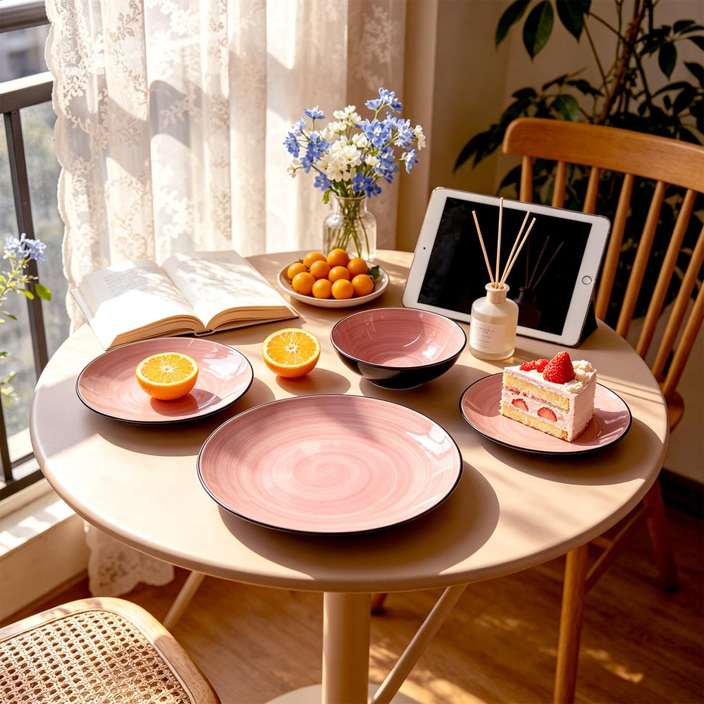 Stoneware Dinnerware Set, Sonoma 18 Piece Service for 6, Black & Speckled Pink Spinwash Plates and Bowls, Microwave &