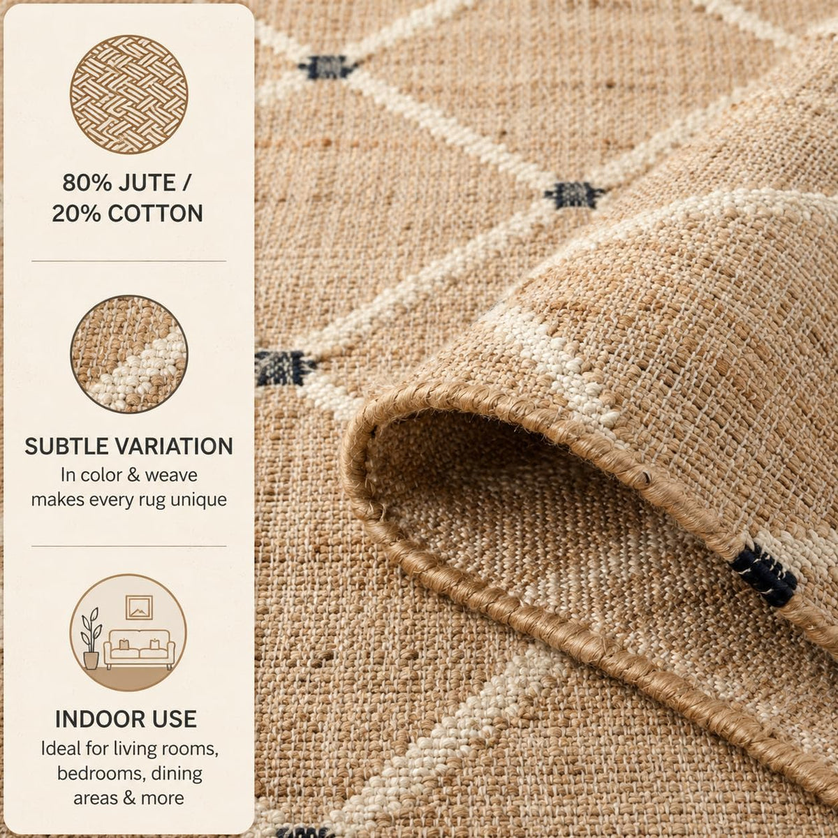 Hand Woven Jute Area Rug 9'x12' - Geometric Design (Natural)