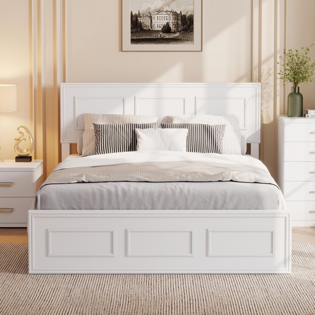White Farmhouse Wood Bed Frame with Adjustable Headboard