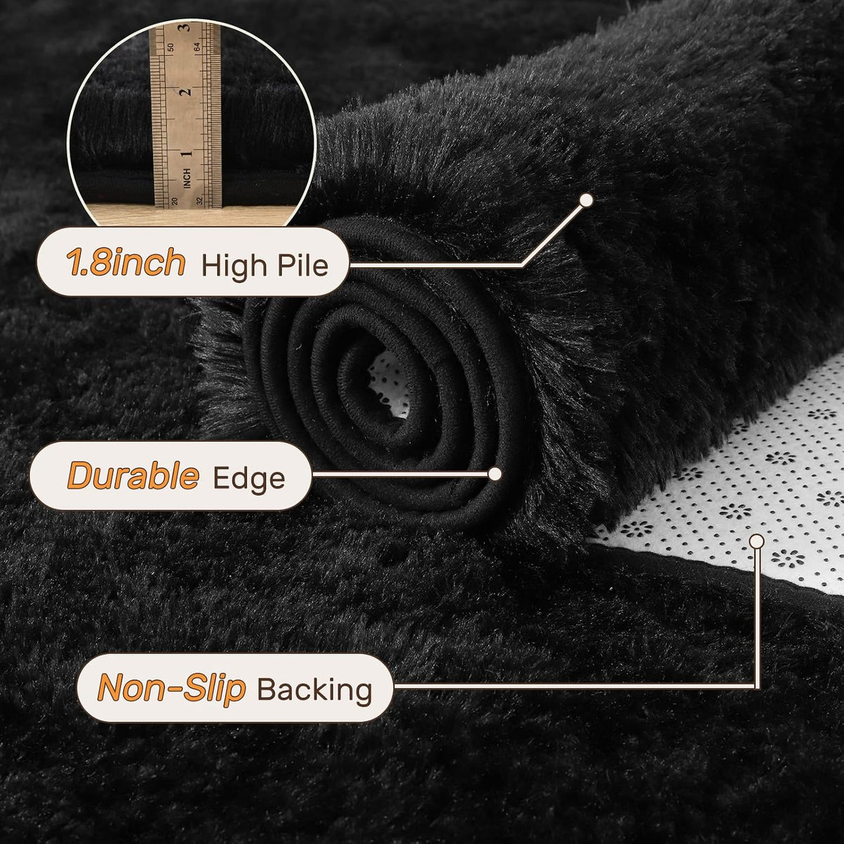 Black Area Rugs, Large Fluffy Shag Bedroom Rugs Non-Slip, Ultra Soft Plush Carpet Kids PlayRoom Dorm Office