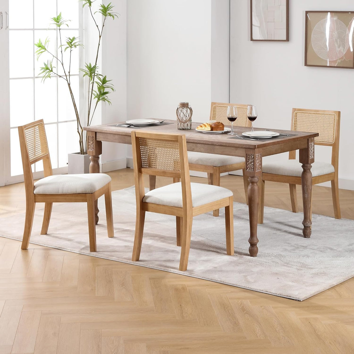 Rattan Dining Chairs Set of 4, Farmhouse Natural Dining Room Chairs with Upholstered Cushion and Solid Wood Frame, Armless Kitchen Chairs