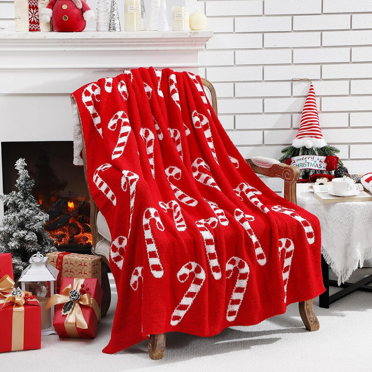 Christmas Candy Cane Knit Throw Blanket, 50 x 60 Inch Peppermint Red and White Xmas Reversible Knitted Throw Blanket