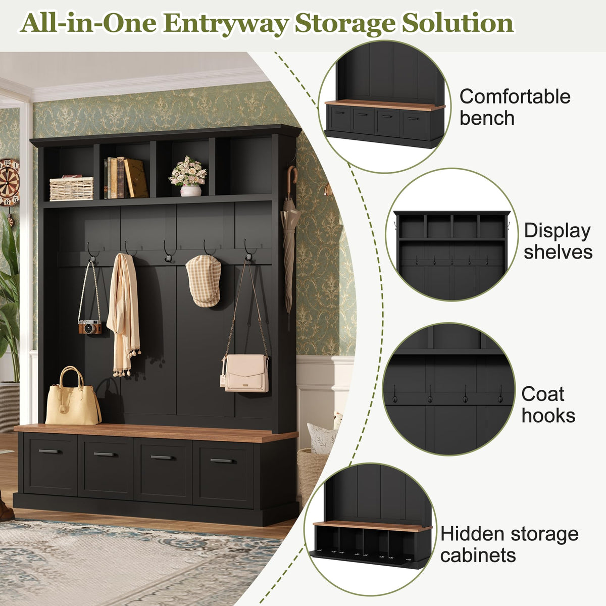 Farmhouse Wood Hall Tree with 6 Hooks and Enclosed Shoe Cabinets, Mudroom Versatile Coat Racks with Open Shelves