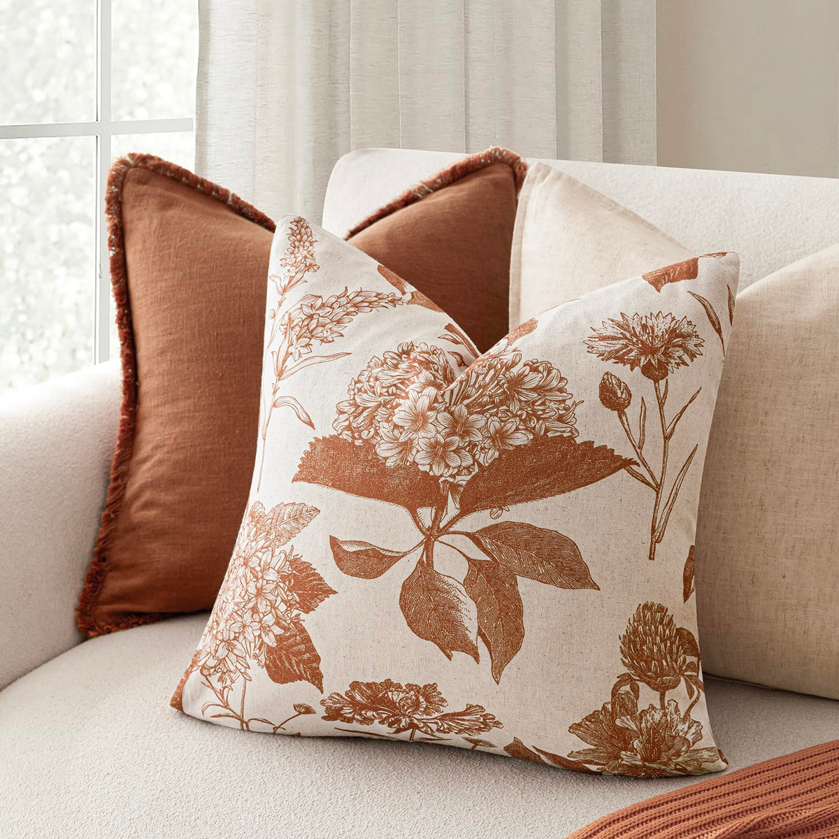 Decorative Linen Floral Throw Pillow Covers 20×20 Autumn Orange