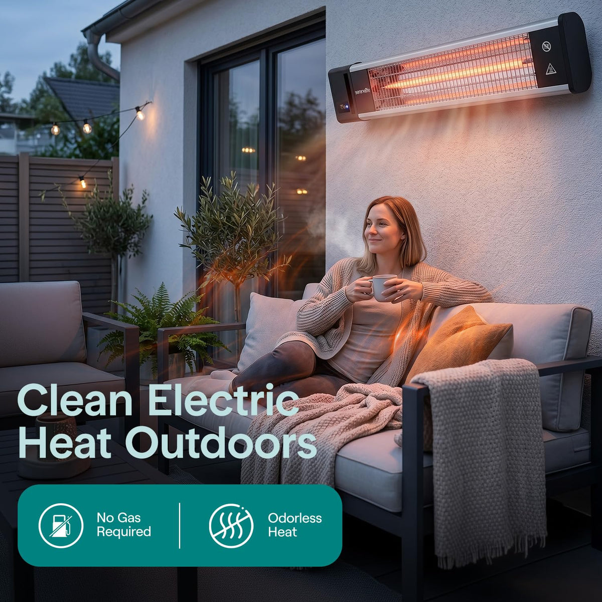 Infrared Patio Heater, 1500W, IP65 Approved, Odorless, Wall-Mounted Heater with Remote, Indoor/Outdoor , Restaurant