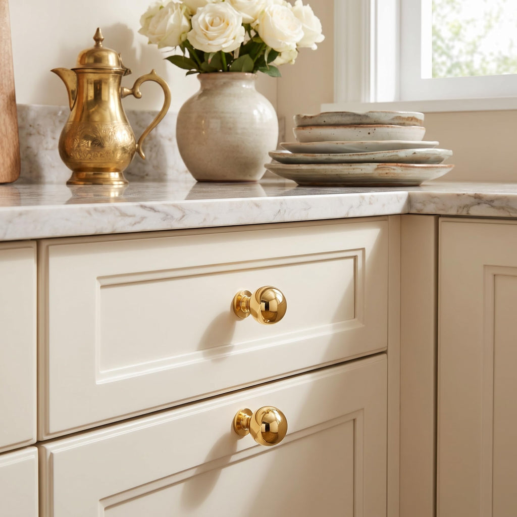 5 Pack 1 inch Unlacquered Brass Cabinet knobs, 100%-Solid-Brass knobs, Round Cabinet Pulls. Suitable for