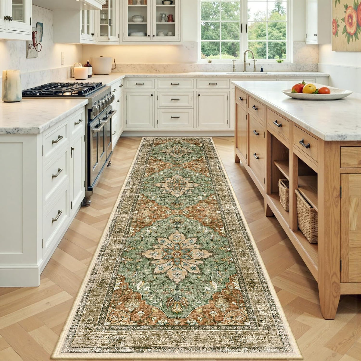 Washable Area Rug, Runner 2'x8', Brick/Brown/Green