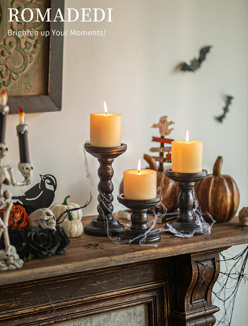 Solid Wood Pillar Candle Holder, Black, Set of 3, 8.3/5.9/3.9-in