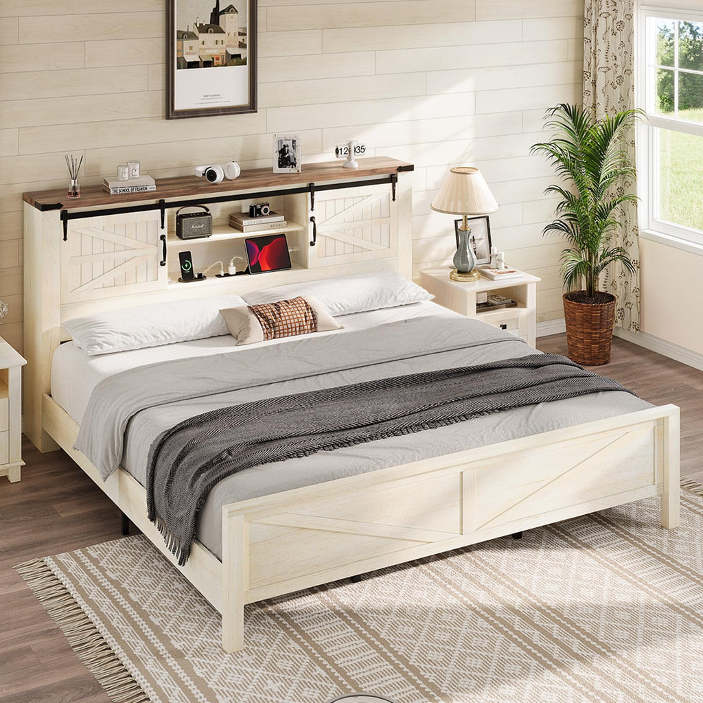 Farmhouse Platform Bed with Storage Headboard