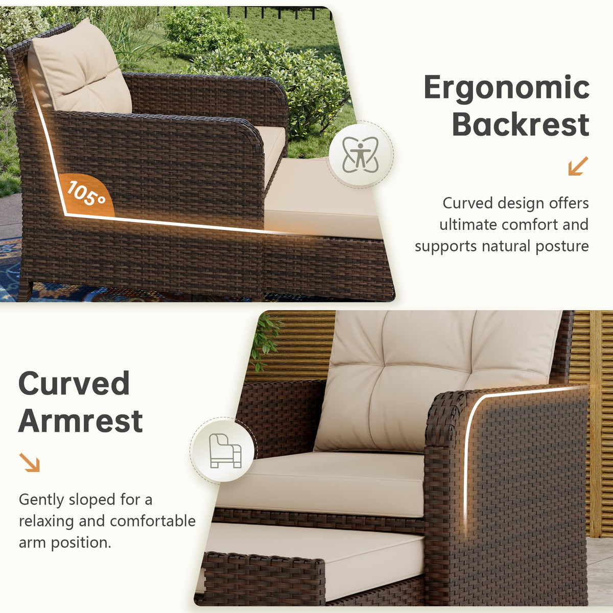 5 Piece Patio Furniture Set, PE Wicker Outdoor Furniture Set with Soft Cushions & Coffee Table, Outdoor Lounge Chairs