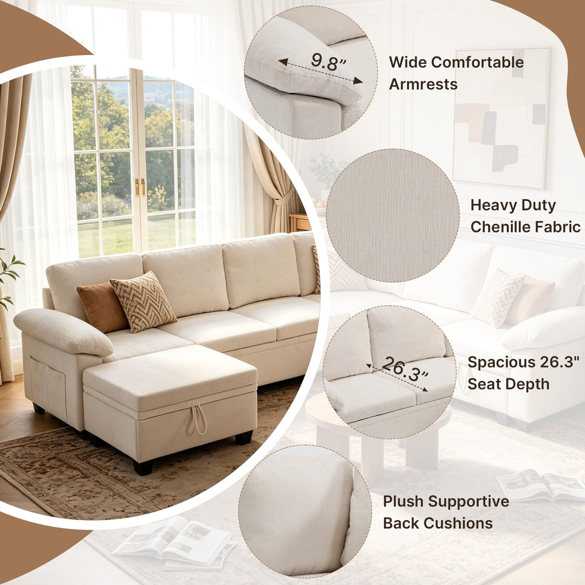 108" Modular Sectional Sleeper Sofa with Storage, L Shaped Pull Out Couch