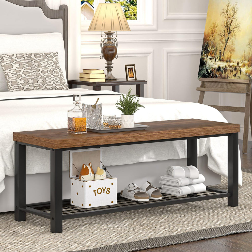 Modern Entryway Bench - Rustic Wood and Metal Shoe Storage Front Door Entrance, Industrial Indoor Seat Living Room