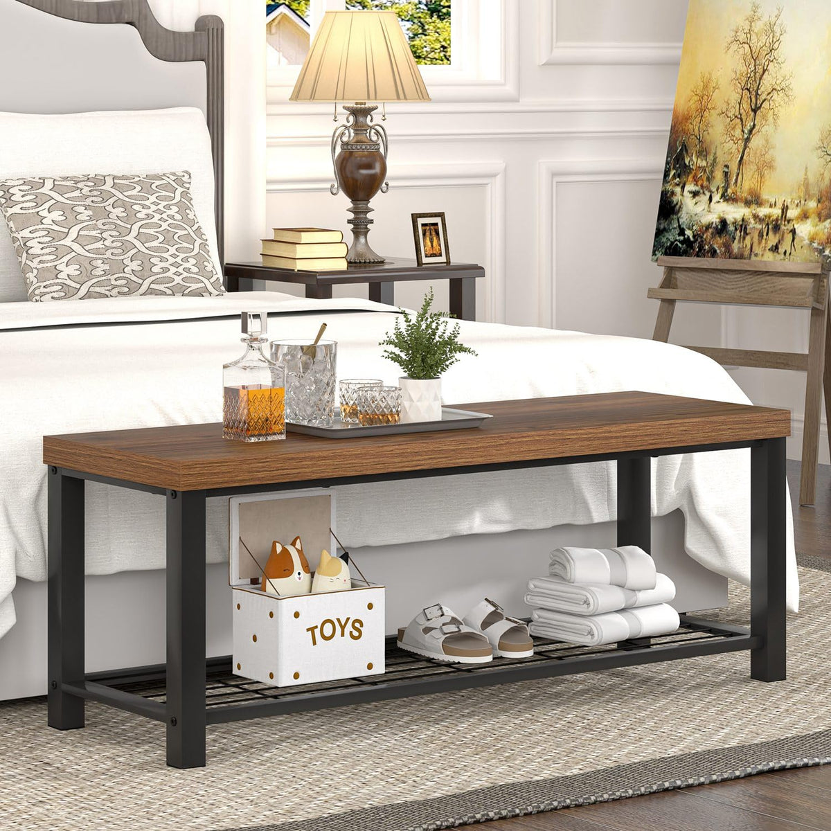 Modern Entryway Bench - Rustic Wood and Metal Shoe Storage Front Door Entrance, Industrial Indoor Seat Living Room