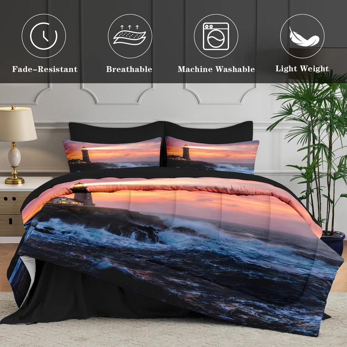 Comforter Set with Sheets, 5 Pieces Lighthouse Ocean Bedding