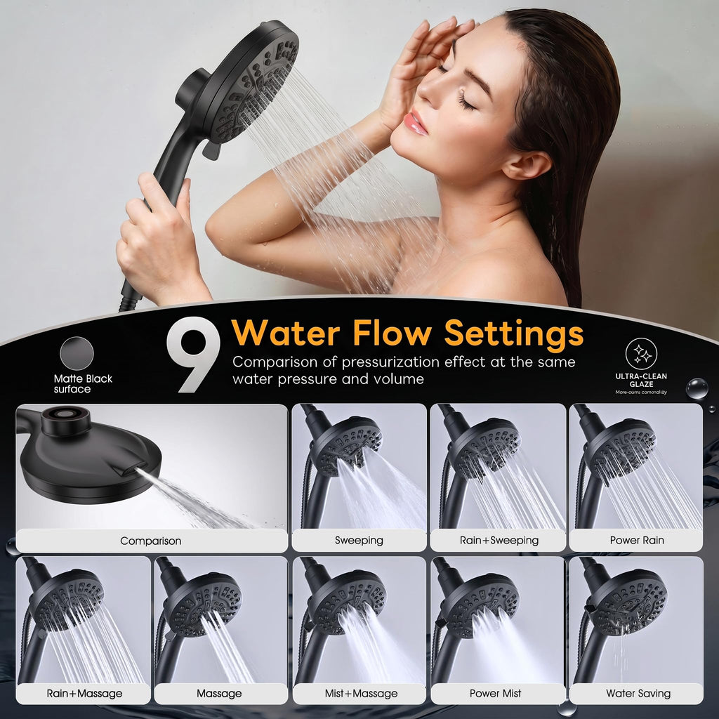 High Pressure Handheld Shower Head Matte Black- Anti-clog Nozzles, Built-in Power Wash to Clean Tub, Wall & Overhead