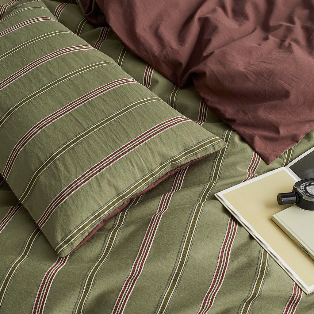 Vintage Striped Duvet Cover Set Queen - 100% Cotton Reversible Jacquard Bedding Set, Retro Olive Green & Terracotta