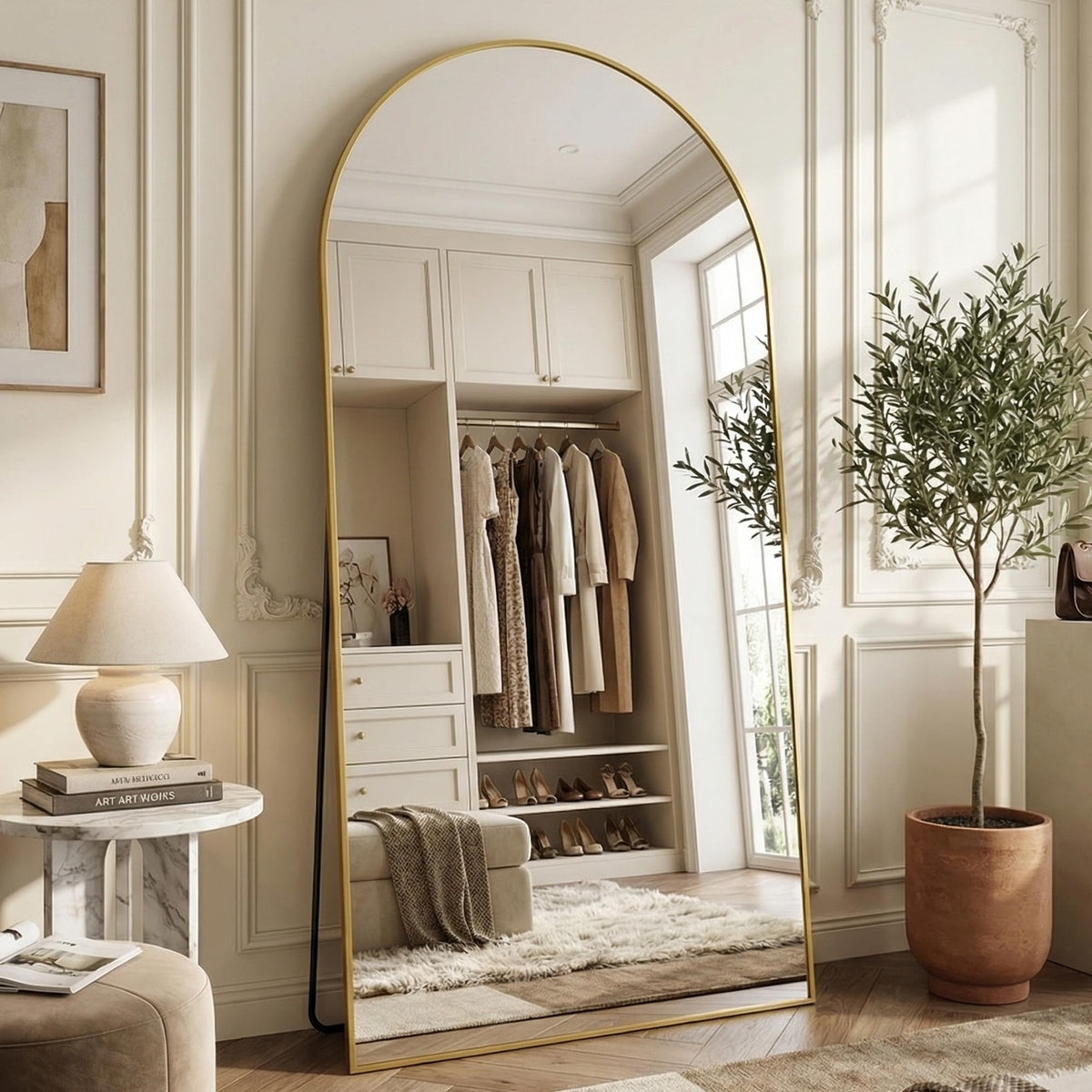 90"x46" Arched Full Length Mirror with Stand, Gold Floor Mirror