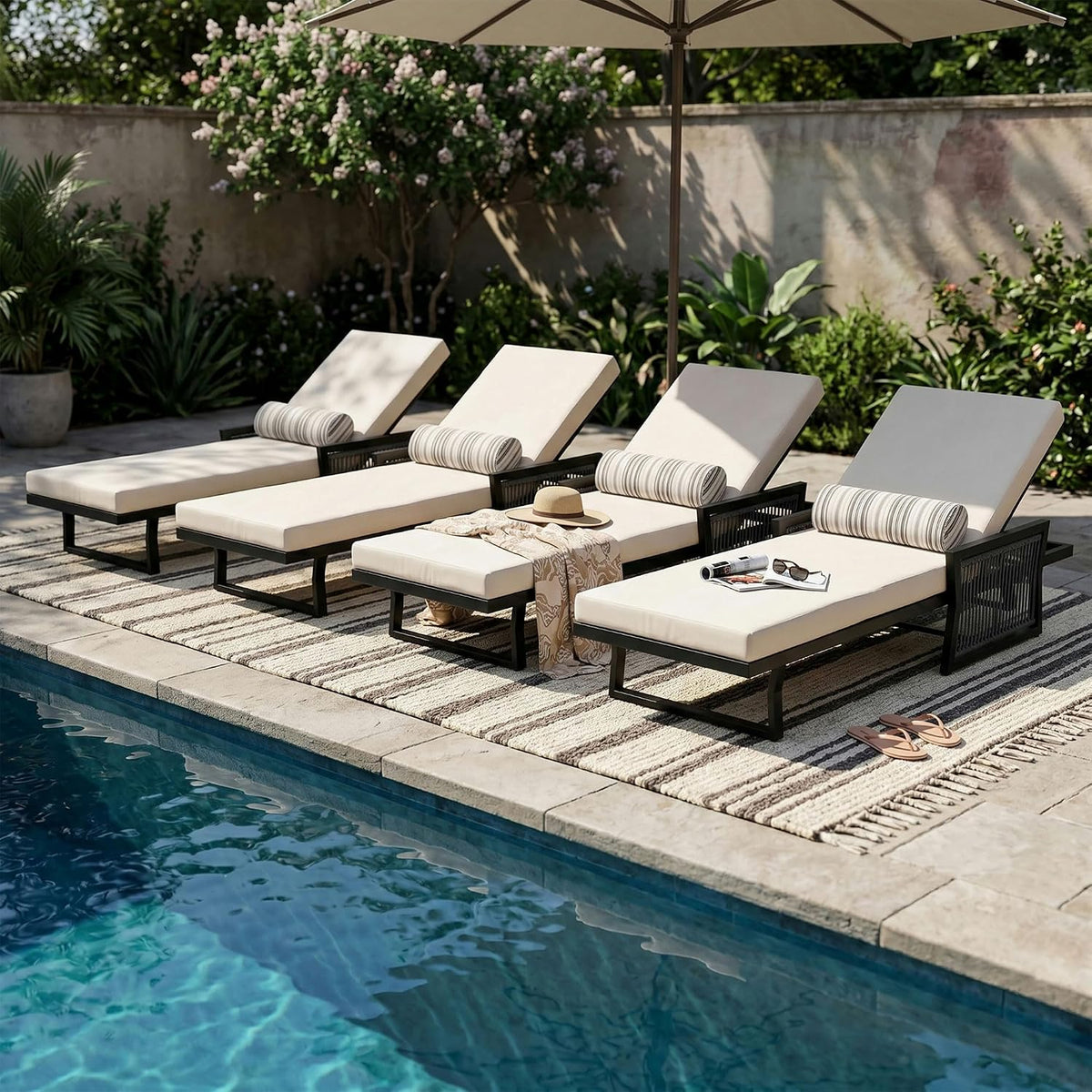 Patio Chaise Lounge with Cushion, Adjustable Outdoor Lounge Chair Featuring Woven Rope Armrests, Iron Frame, Built-in