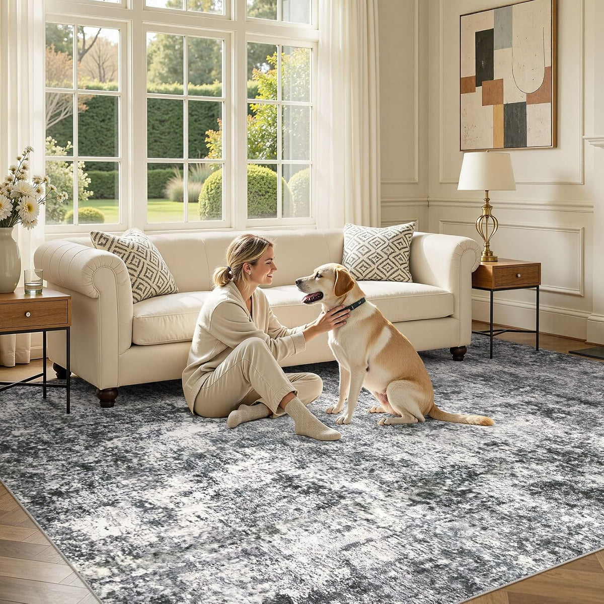 Area Rug Living Room Rugs Washable Abstract Grey Carpet