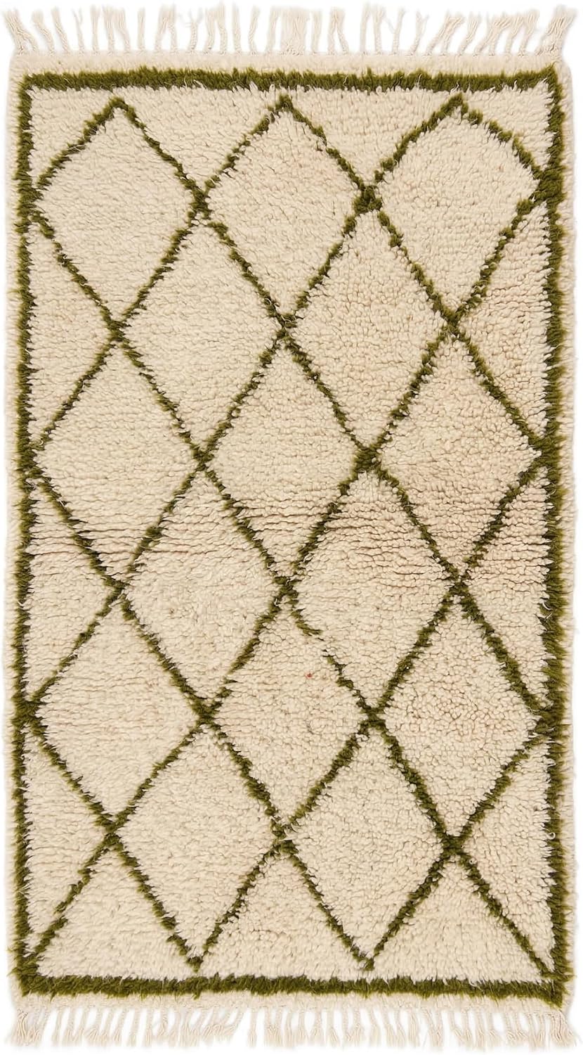 Handmade Moroccan Berber Area Rug 5' x 7', 100% Wool High Pile Shag, Beni Ourain Style, Ivory/Cream with Green